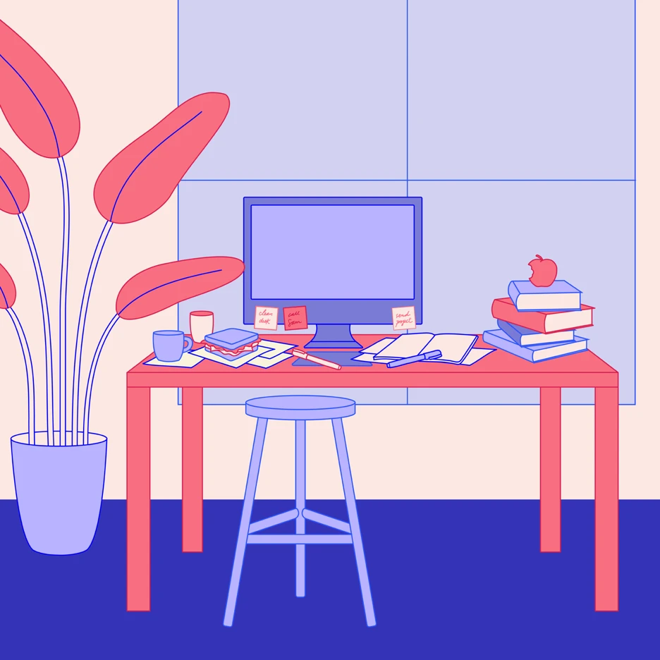 mixkit-work-desk-with-a-computer-books-coffee-and-snacks-398-original