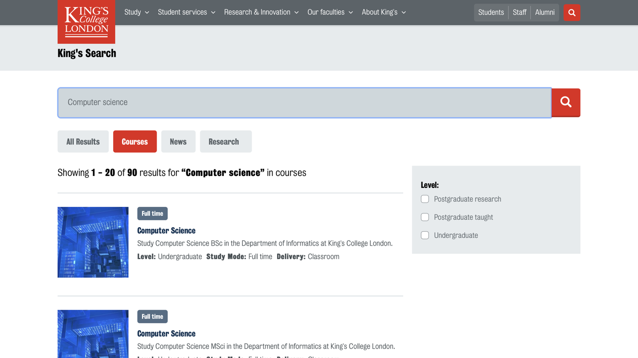 The search results page on the King's College London website showing results for the term "computer science"..