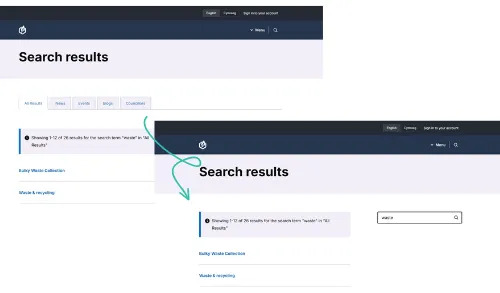Visual of the Search Facet Tabs available to toggle on or off using Contensis for Councils.