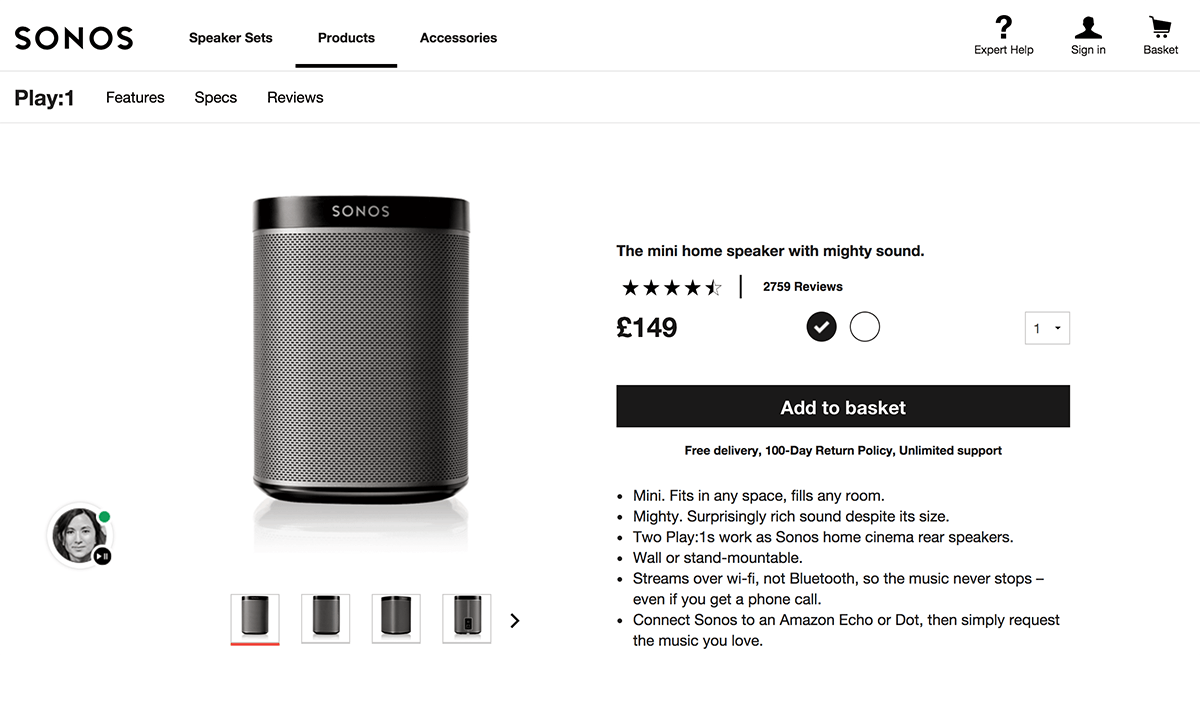 A product page for the Play:1 speaker on the Sonos website with benefits of the product listed as bullet points.