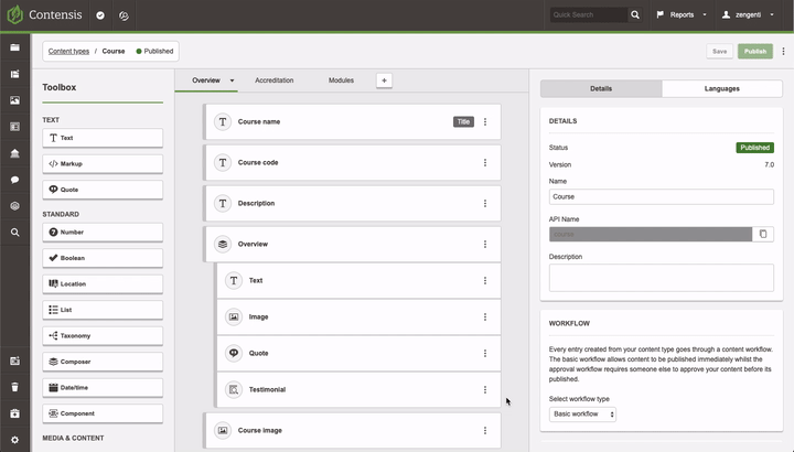 An animation showing the adding of a new tab in the Contensis content type builder.