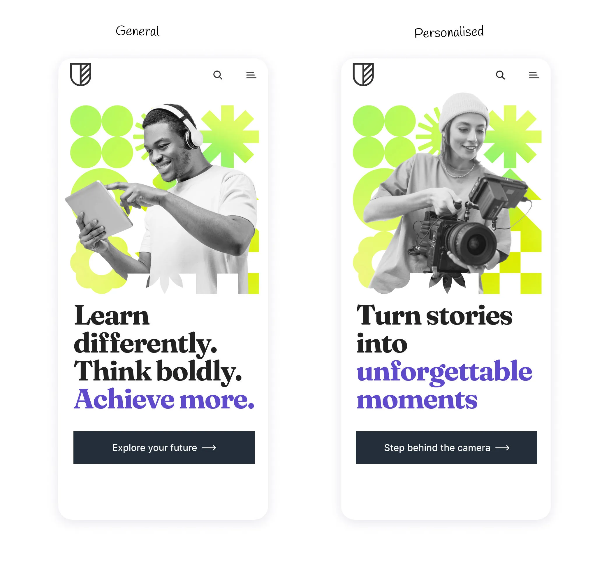 Two mobile screens show people holding books, with bold text promoting creative learning and storytelling.