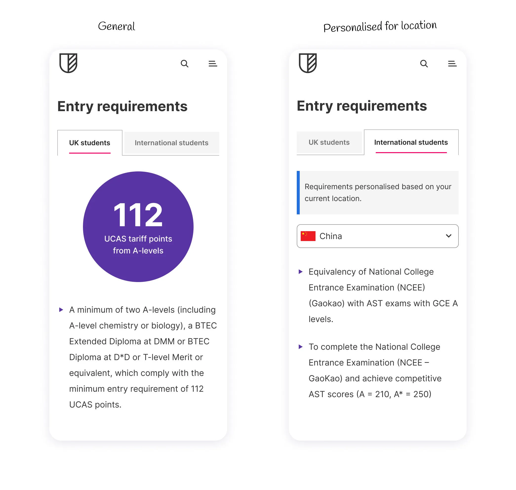 Two mobile screens displaying entry requirements for a university. One shows a tab for UK entry requirements, the other shows entry requirements for international students and is pre-filtered for China.