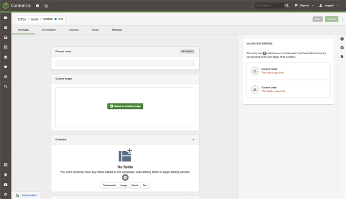 The new validation panel in the Contensis entry editor.