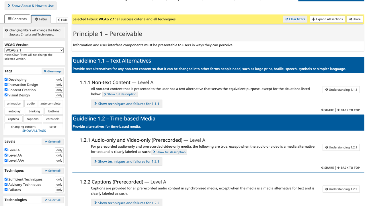 WCAG quick reference website screenshot