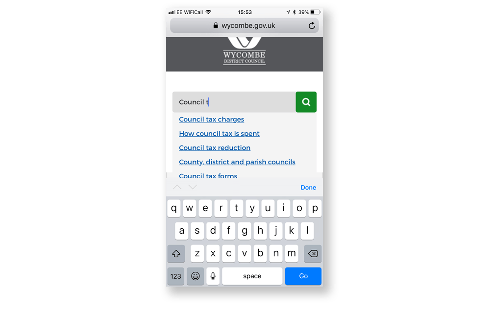 Auto-suggested search results on Wycombe District Council's website.
