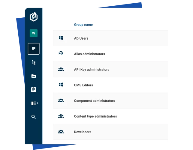 User groups being reviewed in the Contensis user interface.