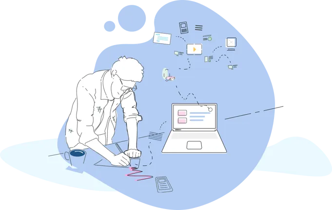 An illustration of a user at his laptop thinking about website content.