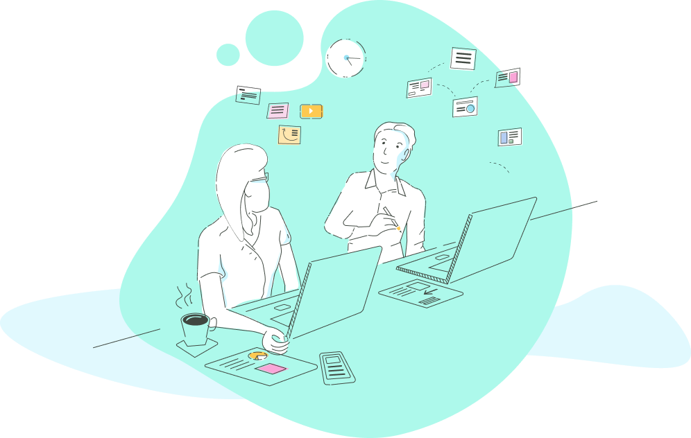 An illustration of two users at their laptops discussing a website.