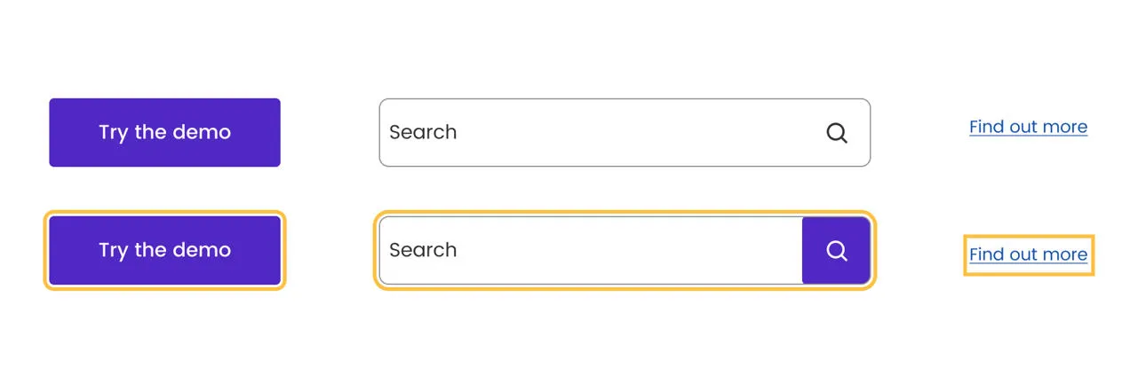 An example of how you should display focus states for buttons on a website.
