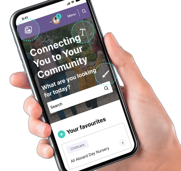 A hand holding a mobile phone with the Contensis Community Directory in view.