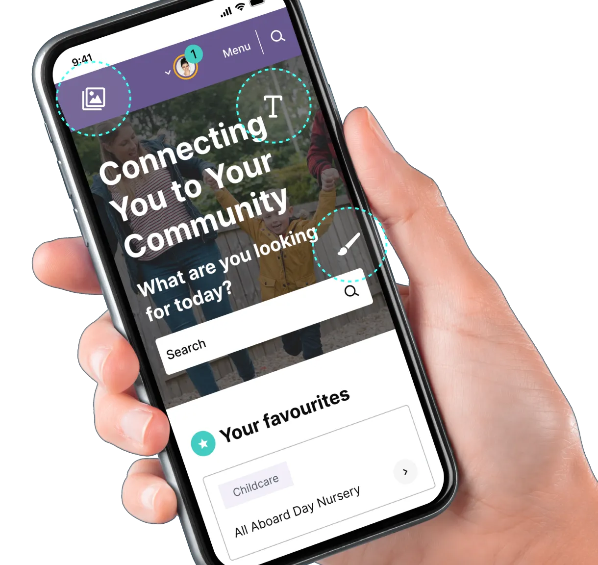 A hand holding a mobile phone with the Contensis Community Directory in view.