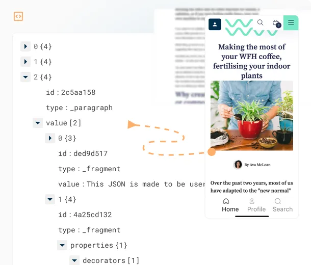An example of the JSON output from a Contensis Canvas field alongside a mockup of a mobile web page.