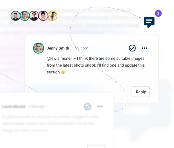 The Contensis comments UI showing a conversation between 2 colleagues