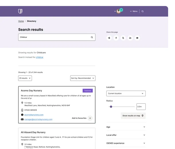 Directory listing with filters and location options 