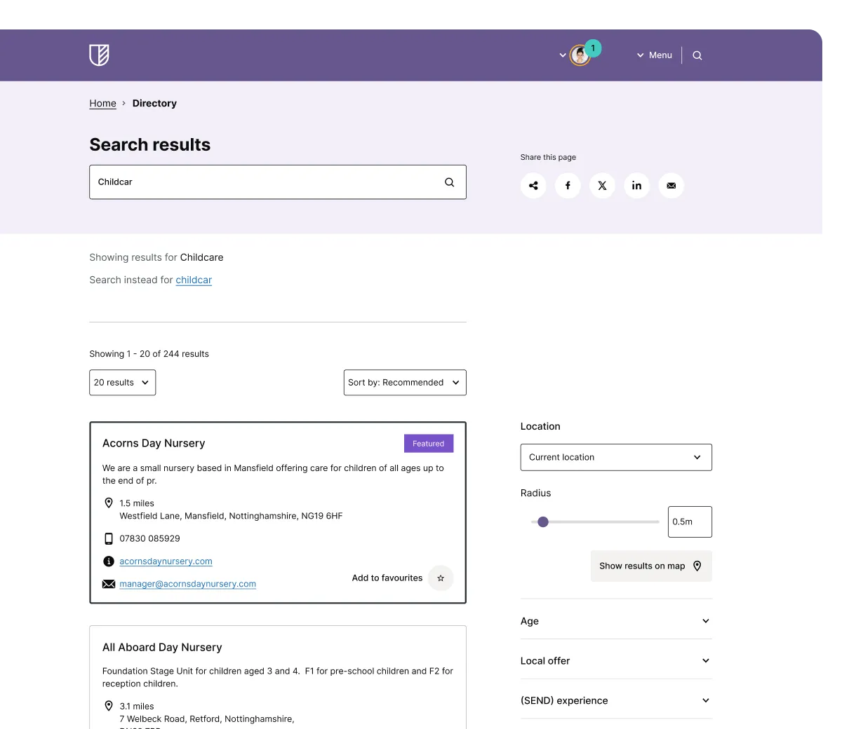 Directory listing with filters and location options