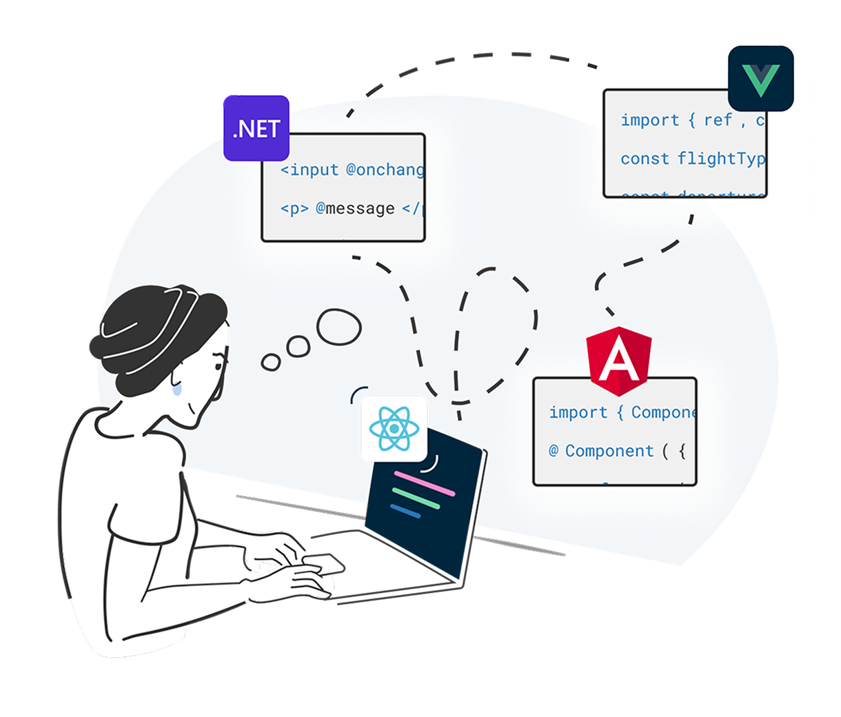 An illustration of a woman working at a laptop, with pieces of code in various languages floating in the air around her.