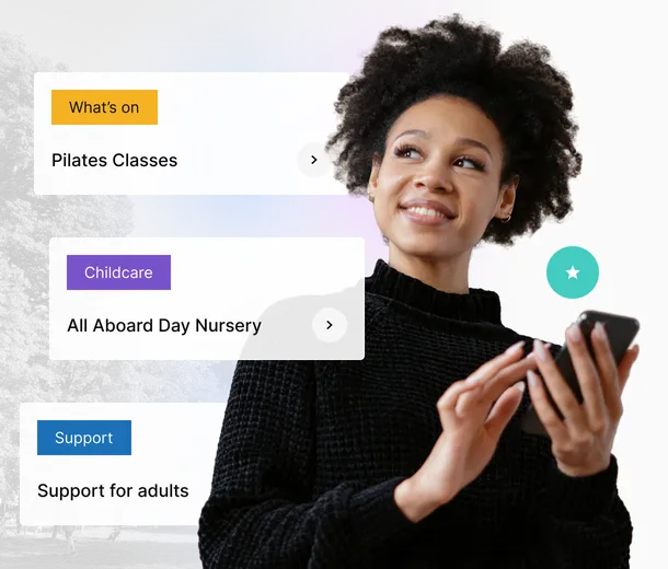A woman using a mobile phone, surrounded by community service UI cards such as childcare.