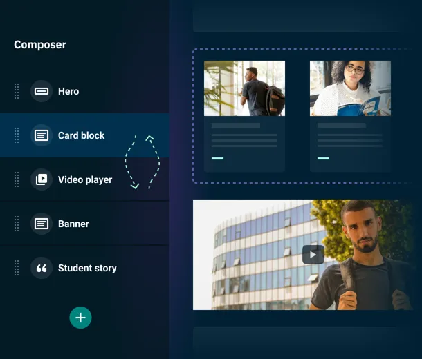 A composite image of a higher education landing page entry in the Contensis CMS.