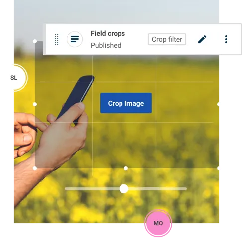 A composite image showing a farmer using a mobile phone in a field of crops and elements of the Contensis interface.
