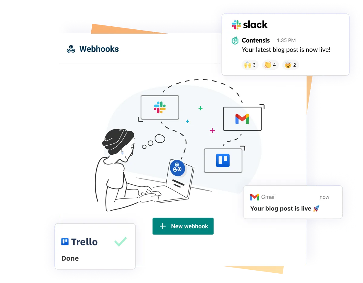 An illustration of a Contensis user at their laptop using webhooks to connect with different applications