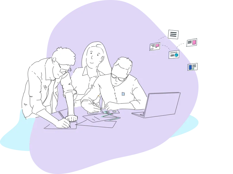 An illustration showing three people gathered around a laptop with two of them sketching on paper.