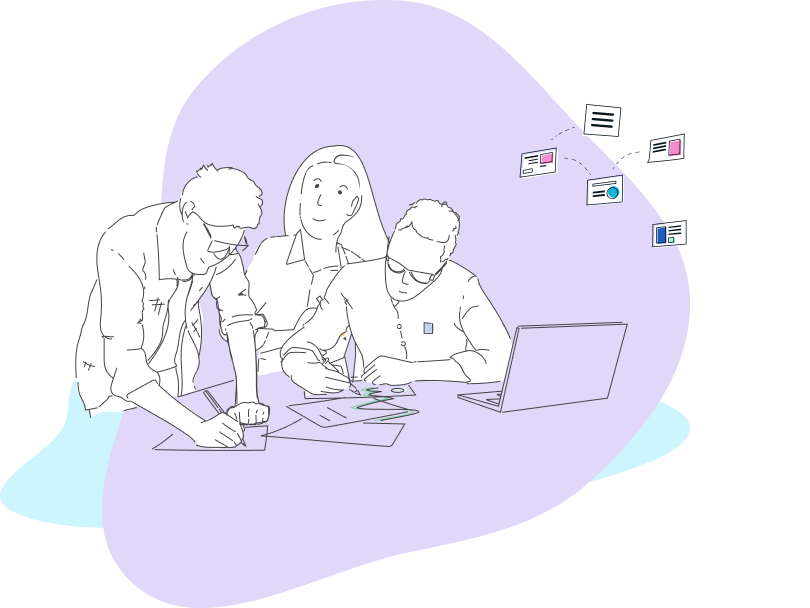An illustration showing three people gathered around a laptop with two of them sketching on paper.