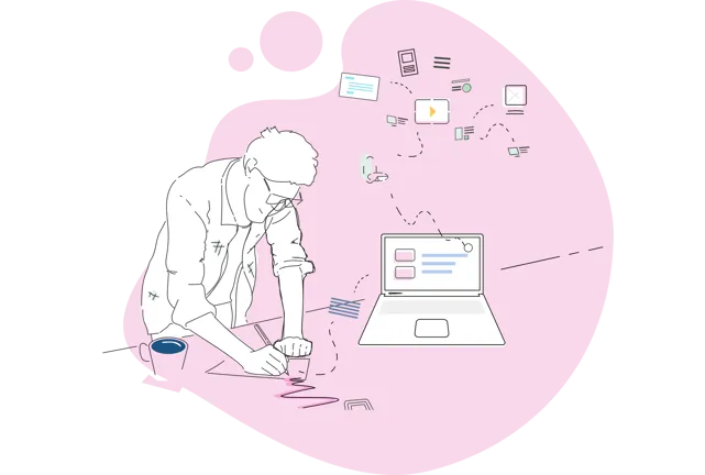An illustration of a user at his laptop thinking about website content.