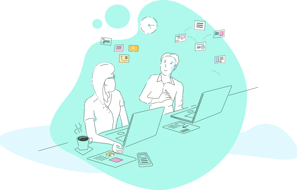 An illustration of two users at their laptops discussing a website.