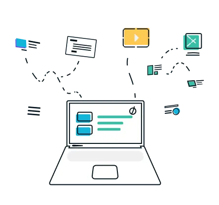An illustration of content modelling showing a laptop and floating kinds of content.