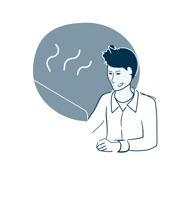 An illustration of a smiling person working on a laptop.