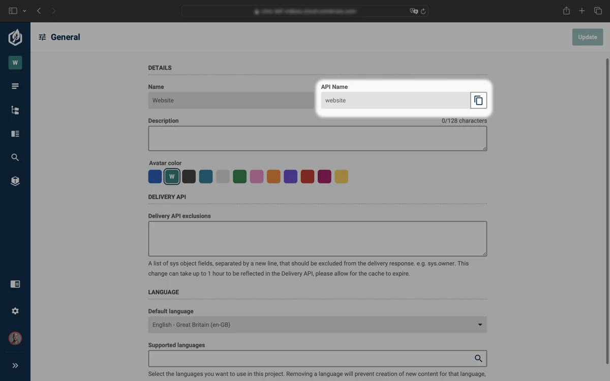 The General Settings screen in Contensis with the API Name field highlighted.