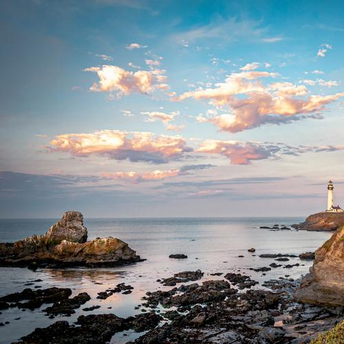 The coastal landscape cropped to a square from the left, with the lighthouse cut off