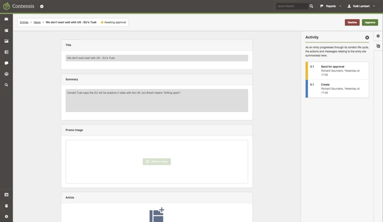 A screenshot of the entry editor showing the actions for a news approver