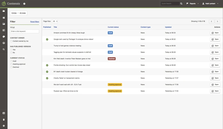 A screenshot of the entry listing for a news approver