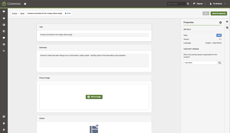 A screenshot of the entry editor showing the actions for a news author