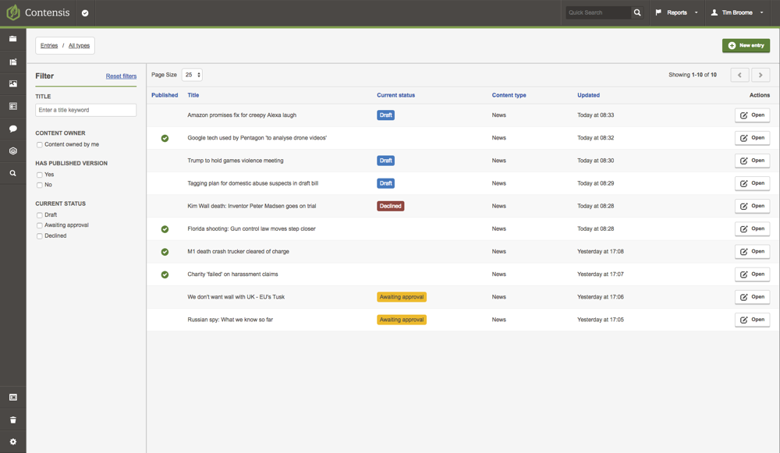 A screenshot of the entry listing for a news author