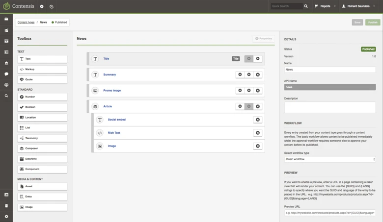 A screenshot of the content type builder showing the news content type