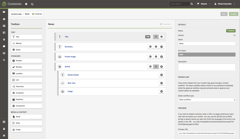 A screenshot of the content type builder showing the news content type