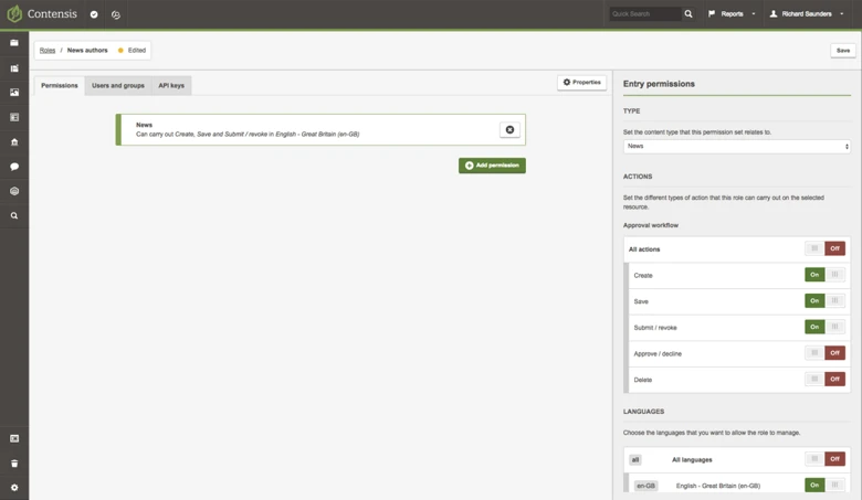 A screenshot of the roles editor assigning an authors permission