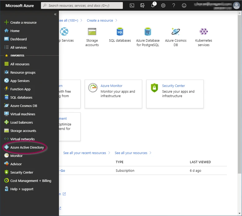 Azure Active Directory option in the Azure portal