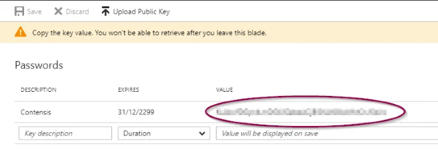 Ensre you copy the key value before you navigate away from this screen.