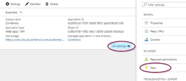 Select Keys from the secondary menu of the All settings screen in Microsoft Azure Active Directory.