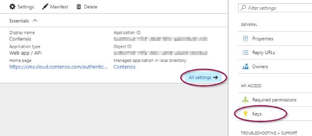 Select Keys from the secondary menu of the All settings screen in Microsoft Azure Active Directory.