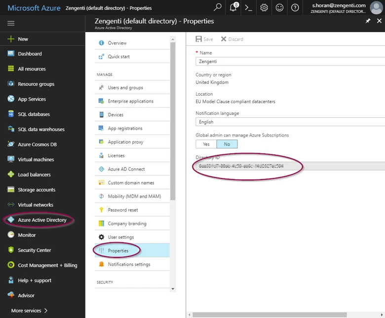 The Directory ID field in the Properties screen of Microsoft Azure Active Directory.