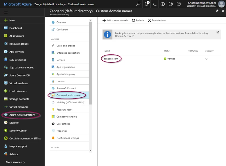 The Custom domain name screen in Microsoft Azure Active Directory.