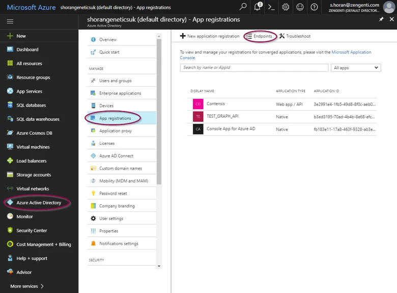 The Endpoints button highlighted in the App Registrations screen in Microsoft Azure Active Directory.