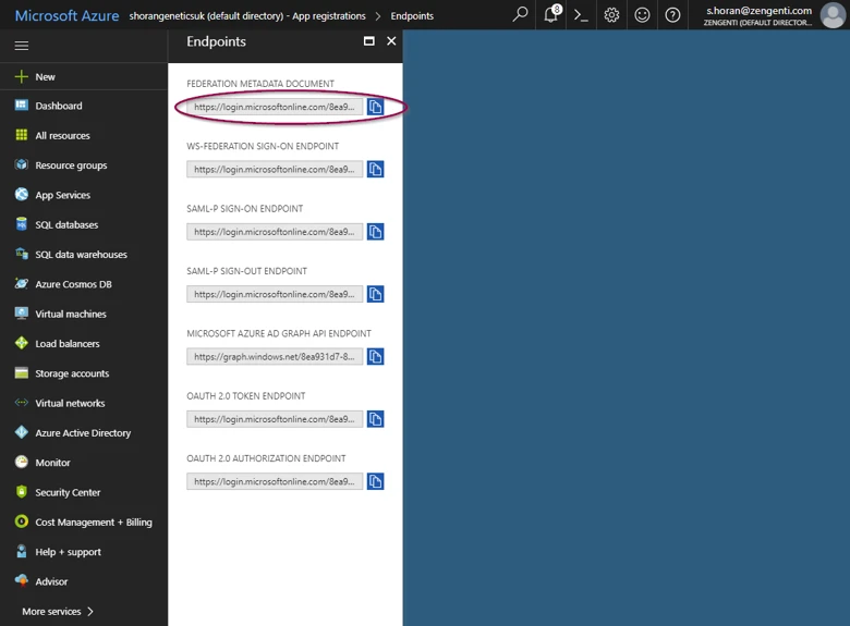 The Federation Metadata Document address field highlighted in the Endpoints screen in Microsoft Azure Active Directory. 