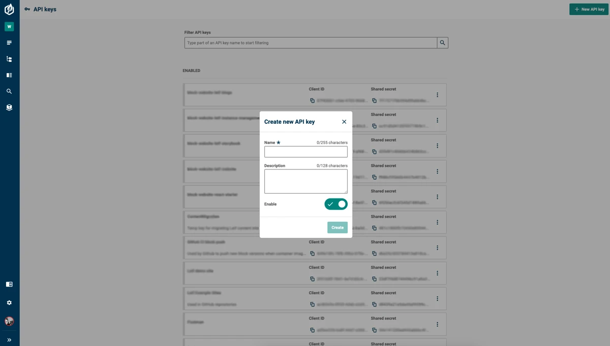 The Create a new API key screen in Contensis.