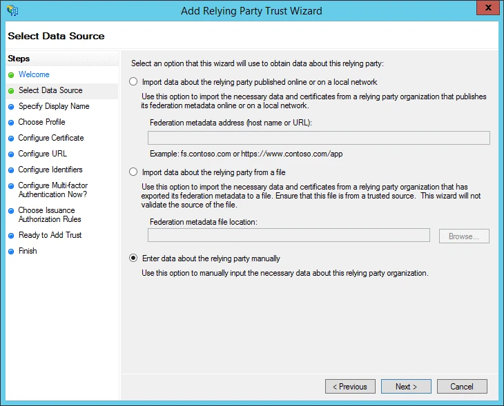 The AD FS data source setup screen.